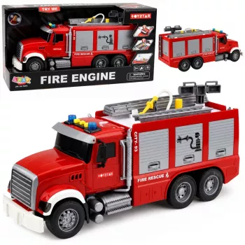 LEAN TOYS Feuerwehrauto Feuerwehr mit ausziehbarer Leiter, Wasserschlauch, Lichtern und Geräuschen