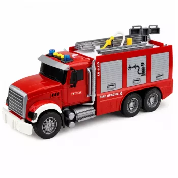LEAN TOYS Feuerwehrauto Feuerwehr mit ausziehbarer Leiter, Wasserschlauch, Lichtern und Geräuschen