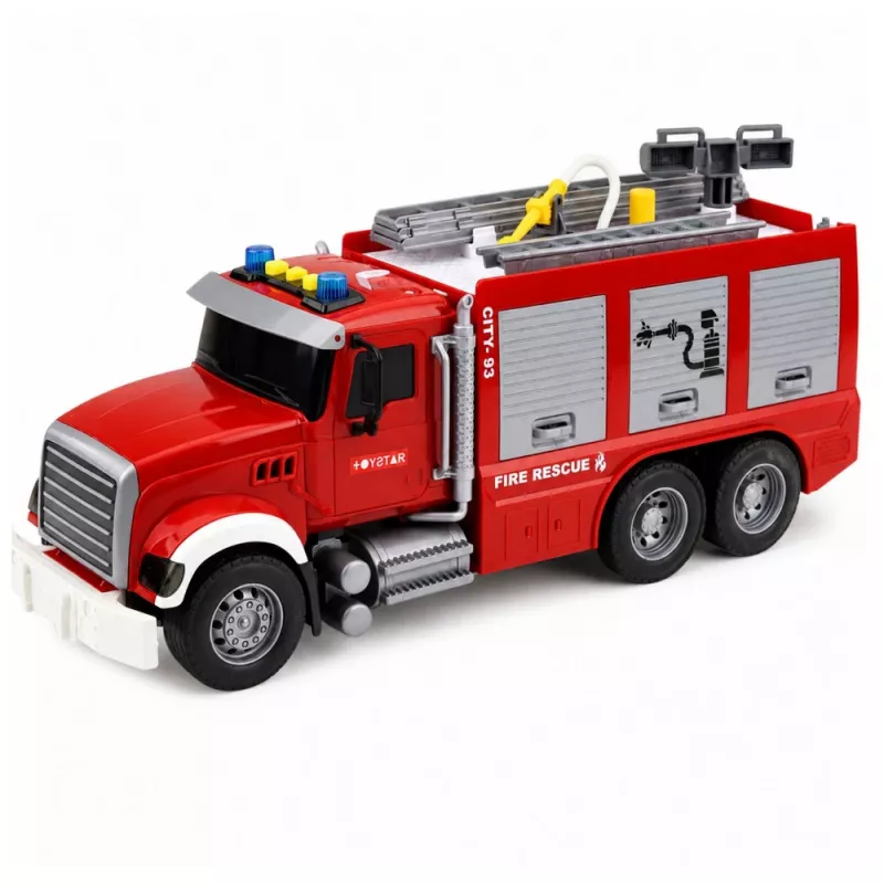 LEAN TOYS Feuerwehrauto Feuerwehr mit ausziehbarer Leiter, Wasserschlauch, Lichtern und Geräuschen