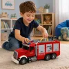 LEAN TOYS Feuerwehrauto Feuerwehr mit ausziehbarer Leiter, Wasserschlauch, Lichtern und Geräuschen
