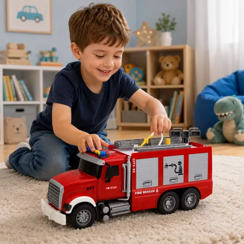 LEAN TOYS Feuerwehrauto Feuerwehr mit ausziehbarer Leiter, Wasserschlauch, Lichtern und Geräuschen