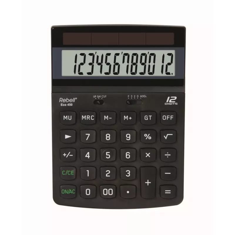 REBELL RE-ECO 450 BX Tischrechner, 12-stelliges LCD, Dual Power, Recycling-Kunststoff, Schwarz