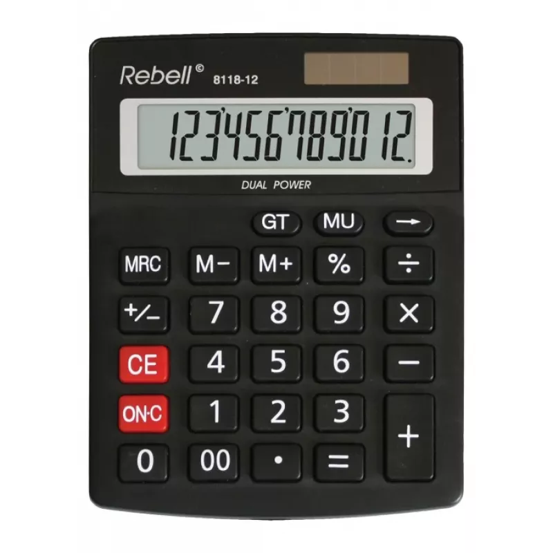 REBELL RE-8118-12 BX Halb-Desktop-Taschenrechner, 12-stelliges abgewinkeltes LCD, Dual-Power Solar & Batterie, Schwarz