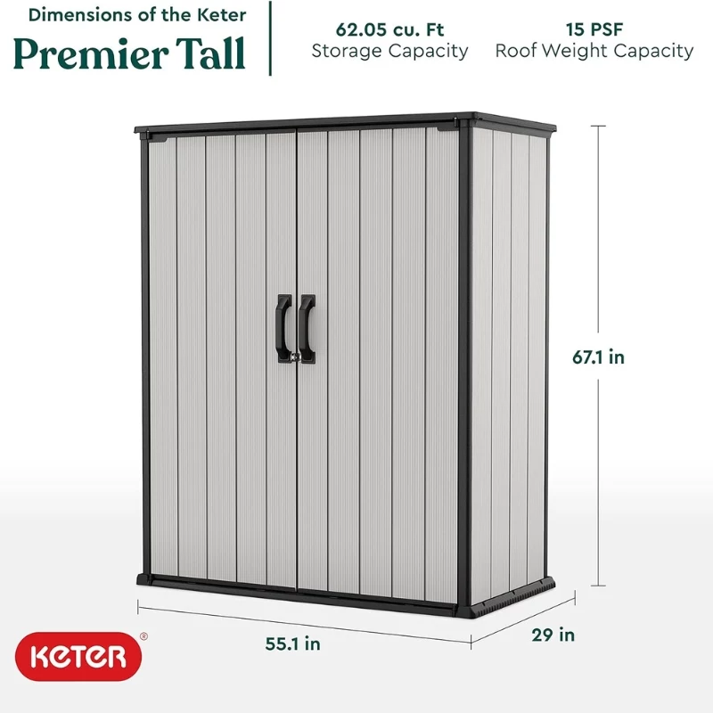 Keter Premier Tall Gartenhaus 29209552 – Beige/Braun Harz Lagerhaus, 1700L, Doppelwandig, Abschließbar