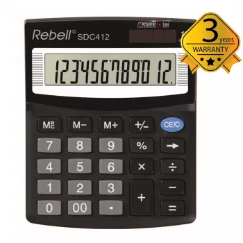 REBELL RE-SDC412 BX Halb-Desktop-Taschenrechner, 12-stelliges LCD, Dual Power, Schwarz