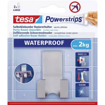 tesa Powerstrips Rasiererhalter WAVE WASSERFEST, Edelstahl, für Nassbereiche (Dusche/Badezimmer), 1 Stück