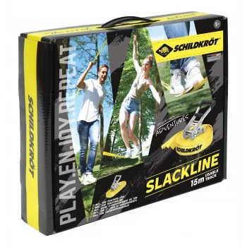 SCHILDKRÖT Slackline-Set 15 m gelb, 50 mm breit mit Ratschenspannung – Balance-Trainingskit 970701