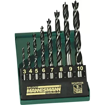 Brüder Mannesmann M54308 Holzbohrer-Set, 8-teilig, 3–10 mm, Zentrierspitze, Kohlenstoffstahl, Kunststoffkoffer
