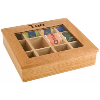APS Hellbraune Bambus-Teebox mit klarem Sichtfenster, 9 Fächer, 31 x 28 x 9 cm 11775