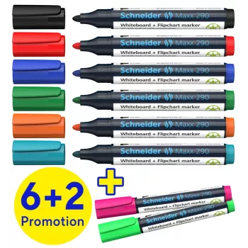 Schneider Maxx 290 Whiteboard- und Flipchart-Marker 8er-Set verschiedene Farben, Rundspitze 2,0-3,0 mm 129098