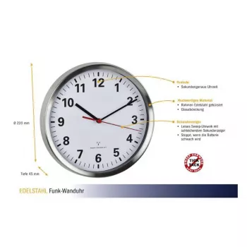 TFA Dostmann 60.3529.02 Funk-Wanduhr 220 mm Aluminium Sekundenzeiger schleichend