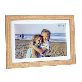 TFA Dostmann FRAMEO App Digitaler WiFi Bilderrahmen 10,1 Zoll 1280x800 IPS Touchscreen 32GB Braunes Holzdesign 37.1002.08