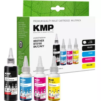 KMP PRINTTECHNIK Nachfülltinten-Set für Brother BTD180BK/C/M/Y – Schwarz 110ml, Cyan/Magenta/Gelb je 50ml (kompatibel) 1555,0005
