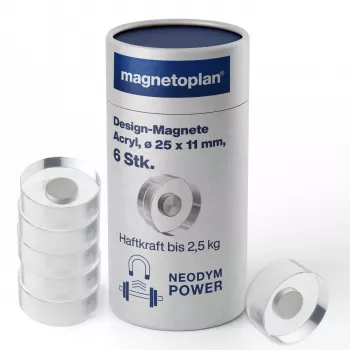 MAGNETOPLAN HOLTZ magnetoplan Design Magnete, 25 mm, 6er-Pack Neodym-Magnete mit transparentem Acrylgriff, poliert (1680025)