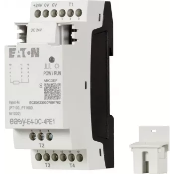 Eaton easyE4 DC 4PE1 RTD-Eingangserweiterungsmodul, 4 Kanäle, Pt100/Pt1000/Ni100/Ni1000, Schraubklemmen, DIN-Schiene, 24 V DC