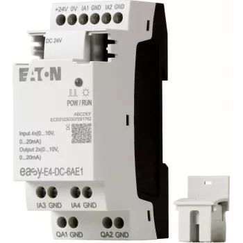 Eaton EASY-E4-DC-6AE1 SPS-Steuerungsmodul, 12/24 V DC, 6 Digitaleingänge, 2 Analogeingänge, 4 Relaisausgänge, erweiterbar, integriertes LCD