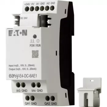 Eaton EASY-E4-DC-6AE1 SPS-Steuerungsmodul, 12/24 V DC, 6 Digitaleingänge, 2 Analogeingänge, 4 Relaisausgänge, erweiterbar, integriertes LCD