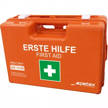 PETEX 43924135 DIN 13157 Erste-Hilfe-Kasten, Orange, 280 x 115 x 200 mm, wandmontierbar, ABS-Kunststoff, für Büros, Werkstätten, Kleinbetriebe, Bildungseinrichtungen