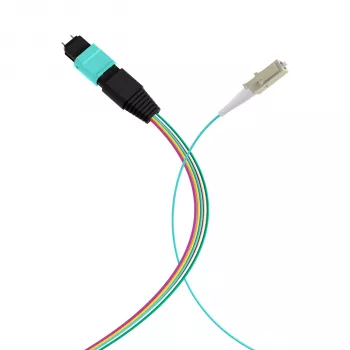 MPO-PLUS (M) auf LC Fanout-Kabel OM3 12 Fasern Typ B LSZH Aqua 0,4m MPOM12LCOM3-0,4
