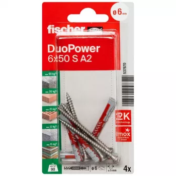 Fischer DuoPower 6 x 50 S A2 K NV Universaldübel mit Schraube A2, 1 Set (537670)