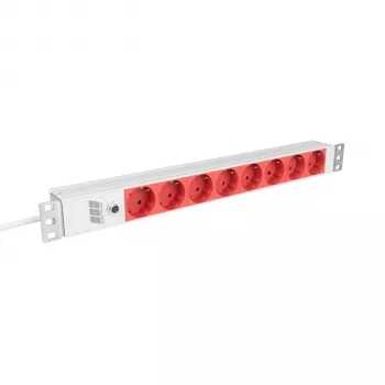 EFB Elektronik EK631CD.1GRV2 19-Zoll-1U-Rackmount-Steckdosenleiste, 8x CEE 7/3 rote Steckdosen, IEC C14-Eingang, 10A-Überlastschutz, Grau