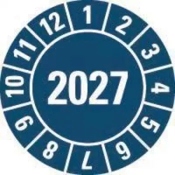 HEIN Industrieschilder Prüfplakette 2027, Blau, Selbstklebende Folie, Rund 20 mm, 500 pro Rolle 189463