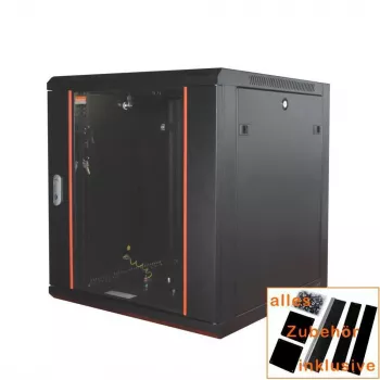 IT-BUDGET 19 inch Netzwerkschrank SWA - 12U - 570x600 mm - Glastür - Abnehmbare Seitenteile - Wand-/Bodenmontage - Zubehörset - Schwarz 90ITB19WS1266GS