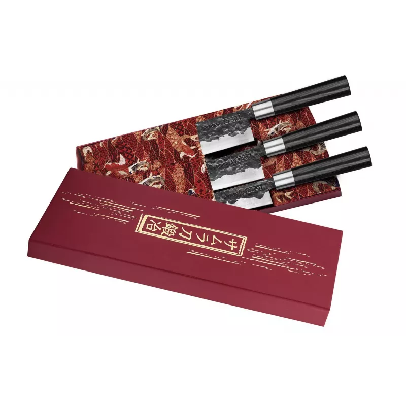SAMURA Blacksmith 3-teiliges Messerset - Kochmesser, Universalmesser, Officemesser - AUS-8-Stahl, G-10-Griffe