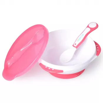 Kidsme Baby-Lernschüssel-Set mit Saugfuß, Deckel und Thermometer-Löffel, Lavendel, 9m+
