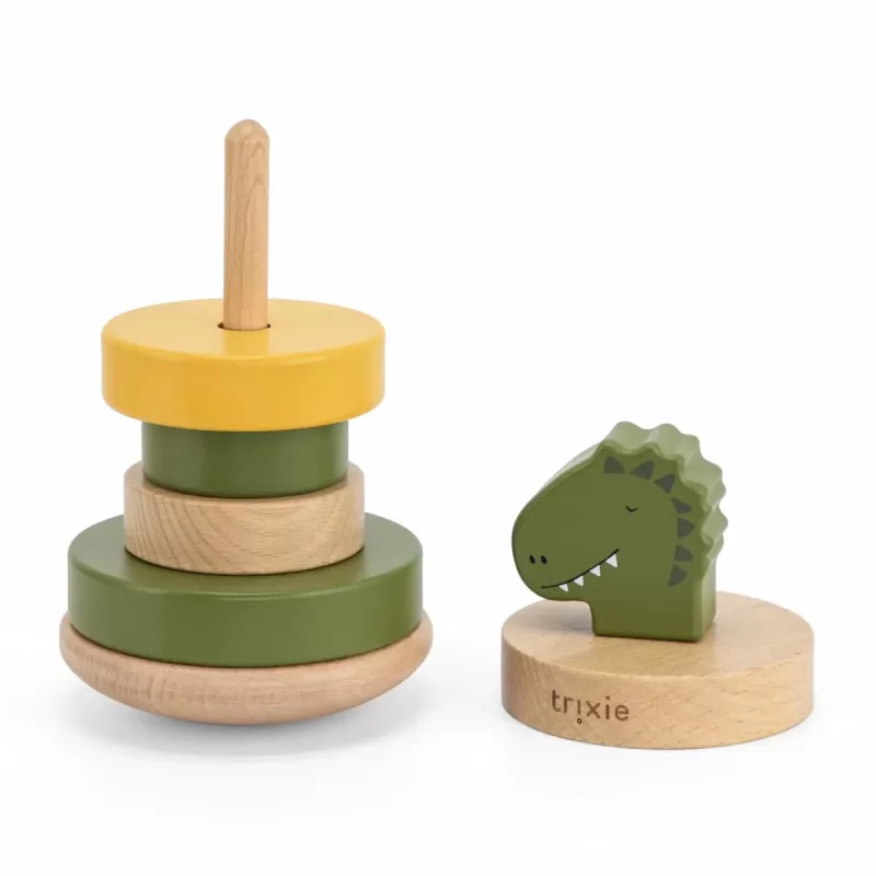 TRIXIE Stapelpyramide aus Holz mit Dinosaurier-Motiv für Kleinkinder ab 12 Monaten | 5-teiliger Stapelturm