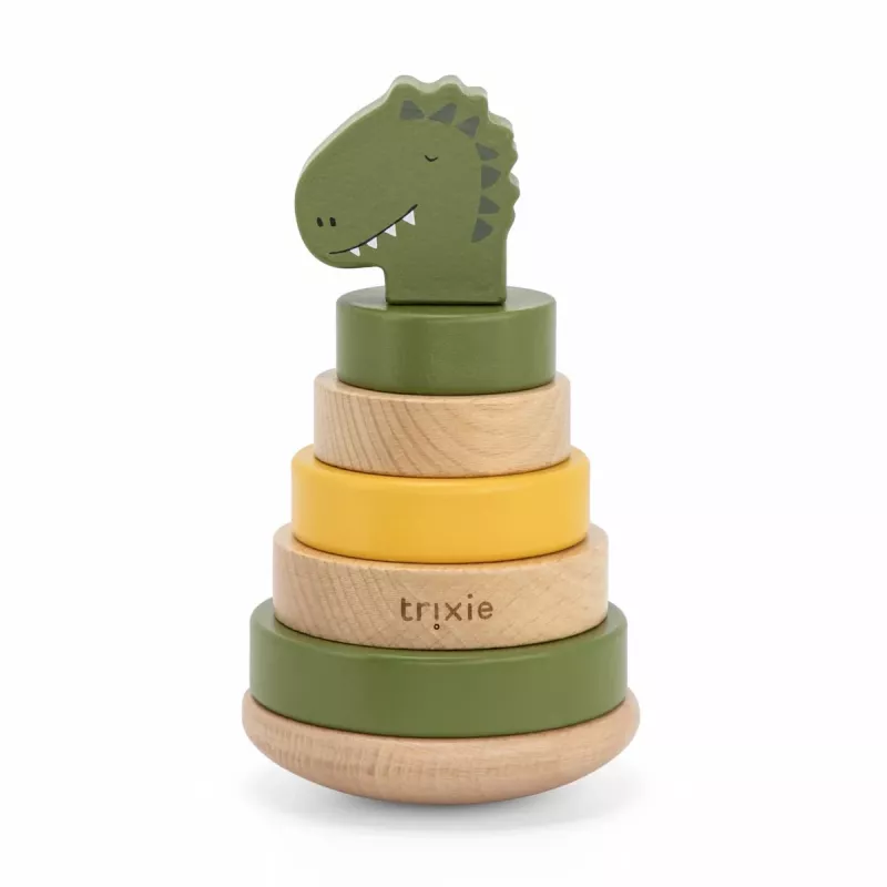 TRIXIE Stapelpyramide aus Holz mit Dinosaurier-Motiv für Kleinkinder ab 12 Monaten | 5-teiliger Stapelturm