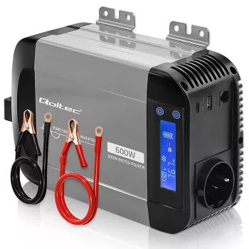 Qoltec Reiner Sinus Wechselrichter 12V auf 230V 300W/600W mit LCD, USB-A und USB-C PD, LiFePO4/GEL/AGM kompatibel