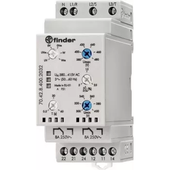 Finder 3-Phasen-Überwachungsrelais, 380-415 V AC, 2 CO, DIN-Schiene, 35 mm 704284002032