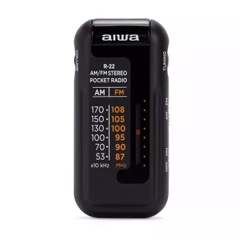 AIWA R-22BK Taschenradio mit Kopfhörern, FM/AM, Schwarz