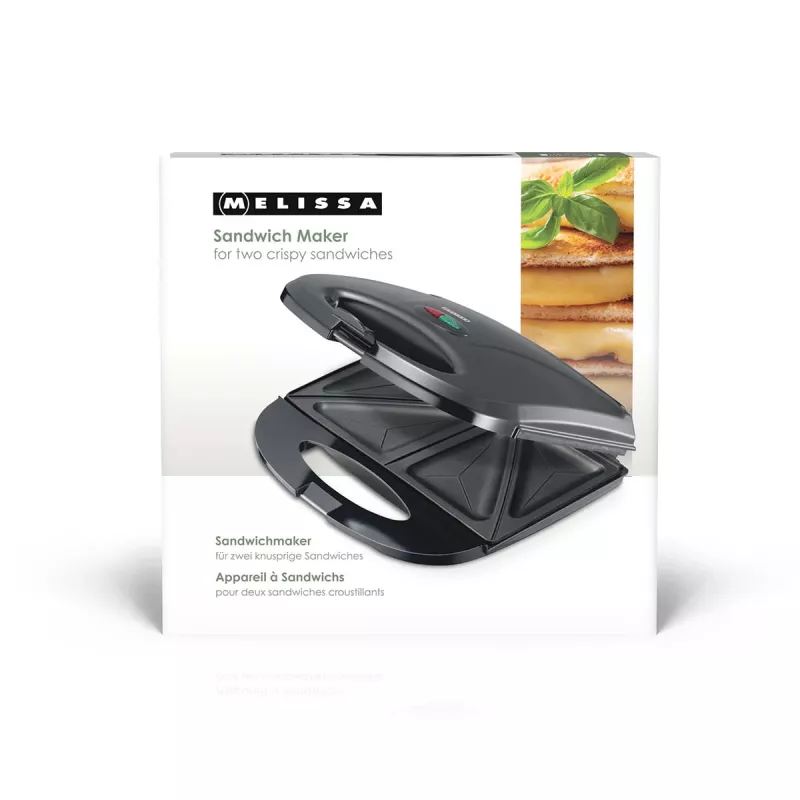 Melissa Sandwich-Toaster 750W Schwarz – Antihaft-Backflächen mit dreieckiger Form, Cool-Touch-Griff, Verriegelungsclip, vertikale Aufbewahrung