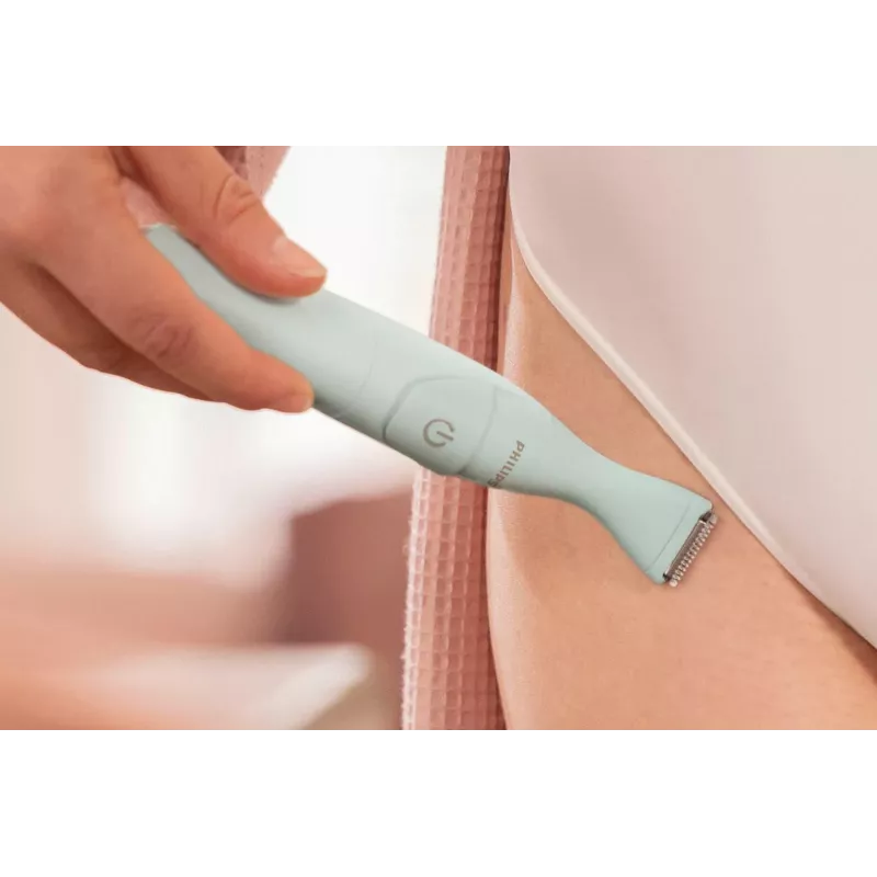 PHILIPS Essential Bikini Trimmer BRT398/15, sichere Rasur für empfindliche Bereiche, Nass & Trocken, 3 Längeneinstellungen, batteriebetrieben, Weiß mit rosa Akzenten
