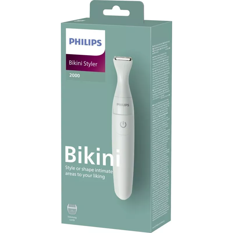 PHILIPS Essential Bikini Trimmer BRT398/15, sichere Rasur für empfindliche Bereiche, Nass & Trocken, 3 Längeneinstellungen, batteriebetrieben, Weiß mit rosa Akzenten