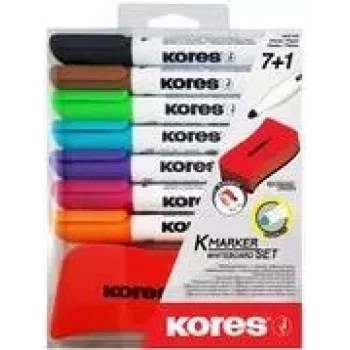 Kores Whiteboard-Marker-Set, 7 Marker + Radierer, Rundspitze, 3,0 mm, Schnelltrocknend, verschiedene Farben (M20866)