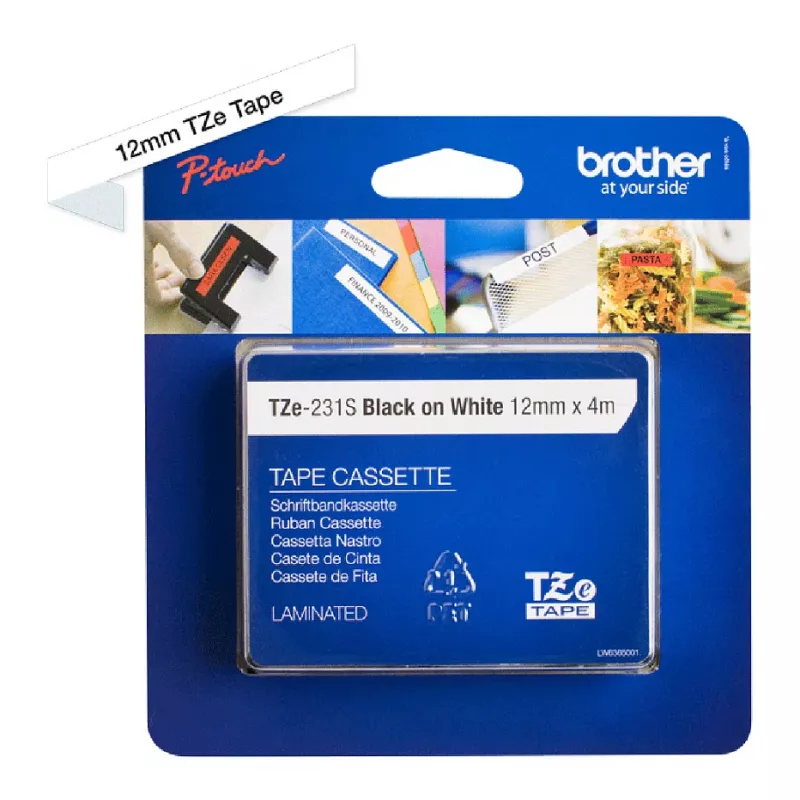 Brother TZe-231S 12mm schwarze Schrift auf weißem laminiertem Beschriftungsband (4m)