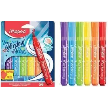 Maped MARKER'PEPS Fenstermarker, 6 verschiedene Farben, 2 mm Rundspitze, Kartonetui 844822