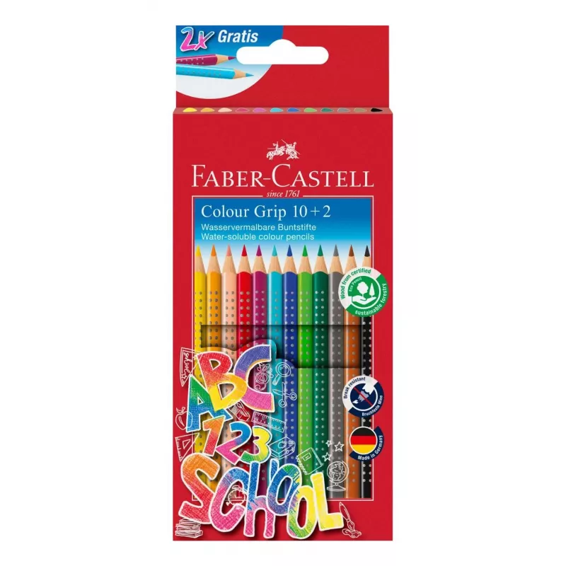 Faber-Castell Colour GRIP Dreieckige Buntstifte, sortierte Farben, 10 Stück, Soft-Grip-Zone, bruchfeste 3,3 mm Mine, wasserbasierter Lack, Promo-Etui 201585