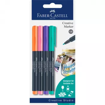 Faber-Castell Creative Marker Set mit 4 Stück, wasserbasierte Tinte, geruchlos, wischfest, verschiedene Farben 160704