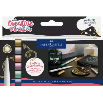 Faber-Castell Creative Marker Goldfaber Metallic Moments, 6er-Set, wasserbasierte Tinte, geruchlos, wischfest, verschiedene Metallic-Farben 161107