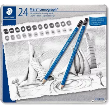 STAEDTLER Mars Lumograph 100 G24 Zeichenstift-Set, 24 verschiedene Härtegrade in Metalldose, blau sechseckig