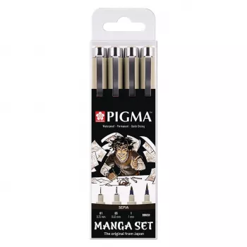SAKURA Pigma Micron Manga Set Sepia 4-teiliges Fineliner- & Pinselstift-Set im wiederverwendbaren Etui POXSDKMAN4