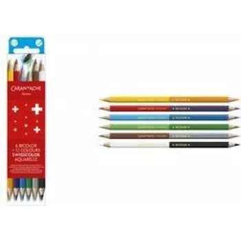 Caran d'Ache Swisscolor Bicolor Aquarelle wasserlösliche Buntstifte, 6 Bicolor-Stifte = 12 Farben, hexagonal, FSC-Zeder 1285.706