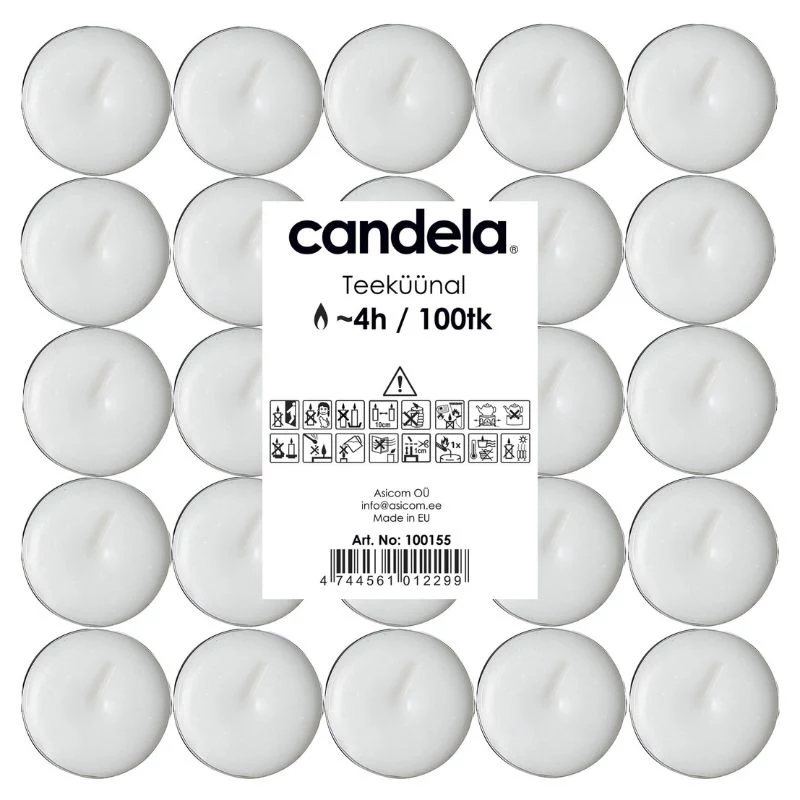 CANDELA Teelichter 100 Stk., Weiß, Ungeduftet, 4 Std. Brenndauer