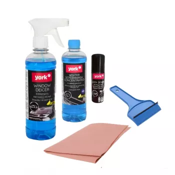 YORK Winter-Set für Autos – 5-teiliges Kfz-Winterpflege-Set mit Enteiser, Antibeschlag, Fensterreiniger, Eiskratzer und Schwamm