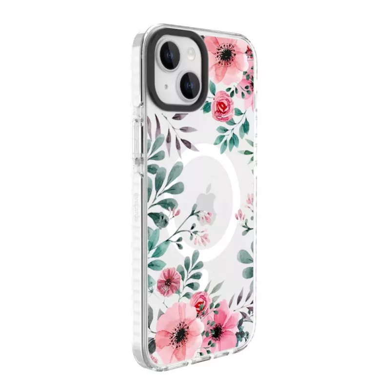 Evelatus iPhone 15 Plus Transparente MagSafe Hülle mit Blumenmuster