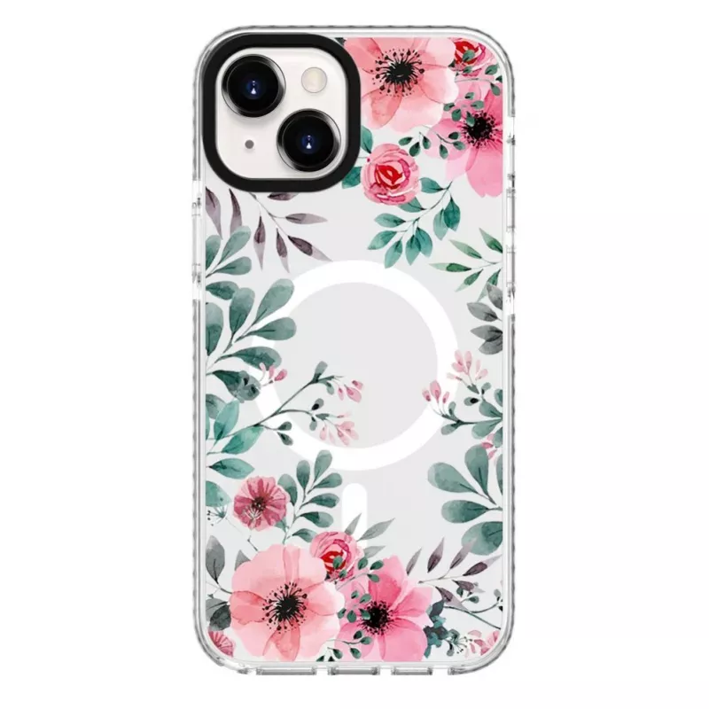 Evelatus iPhone 15 Plus Transparente MagSafe Hülle mit Blumenmuster